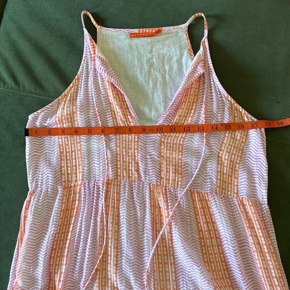 Oliphant coral pink and white block print tiered cotton tassle tie maxi dress S - Picture 9 of 13